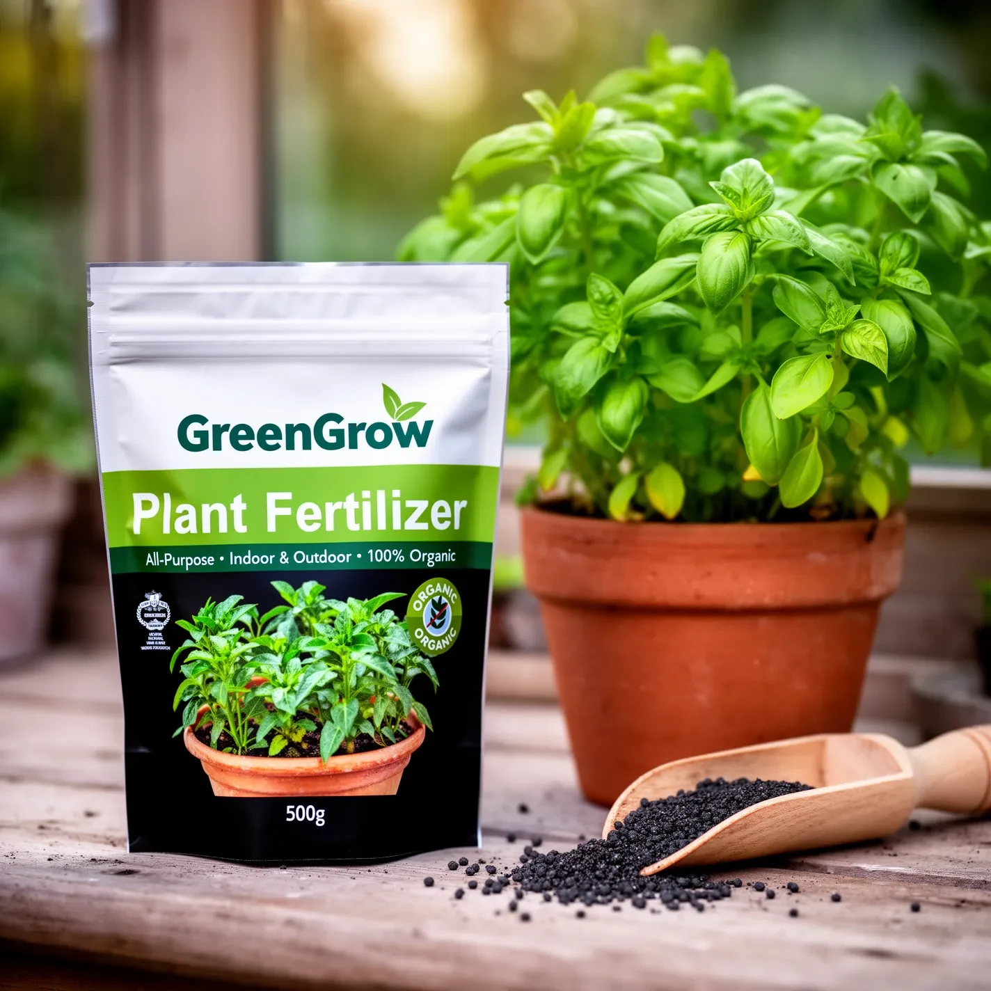 BlueVeta lifestyle scene for GreenGrow Plant Fertilizer — the pouch beside a potted basil plant on a wooden garden table, no people
